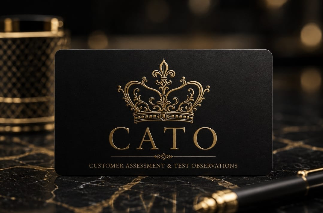 CATO visitekaart met gouden kroon en woordmerk