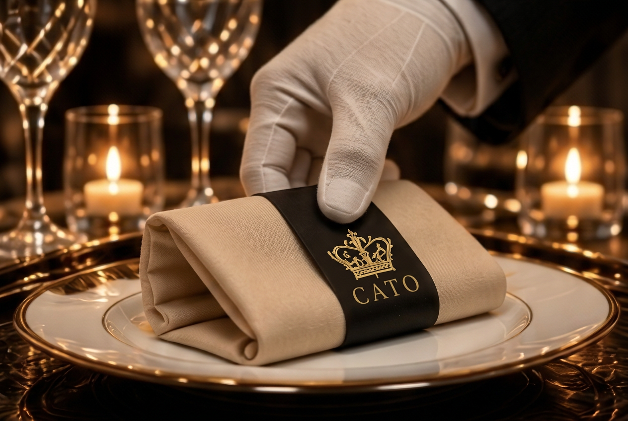 Witte handschoen legt een servet met gouden CATO-kroon op een luxe gedekte tafel