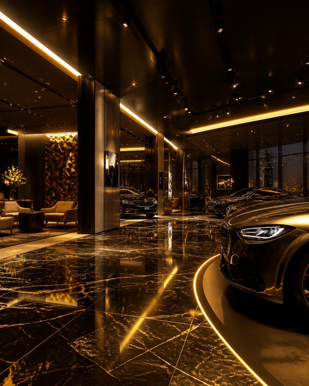 Autoshowroom bij avond met gepolijste vloer