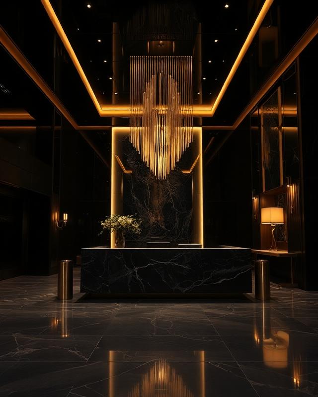 Donkere luxe hotellobby met marmeren receptie