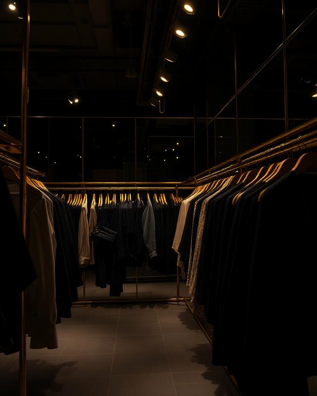 Luxe boetiek met messing rails en warme verlichting
