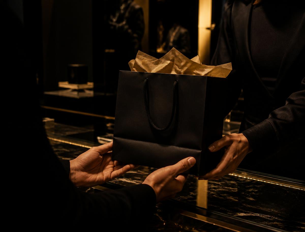 Overhandiging van een luxe aankoop aan de toonbank