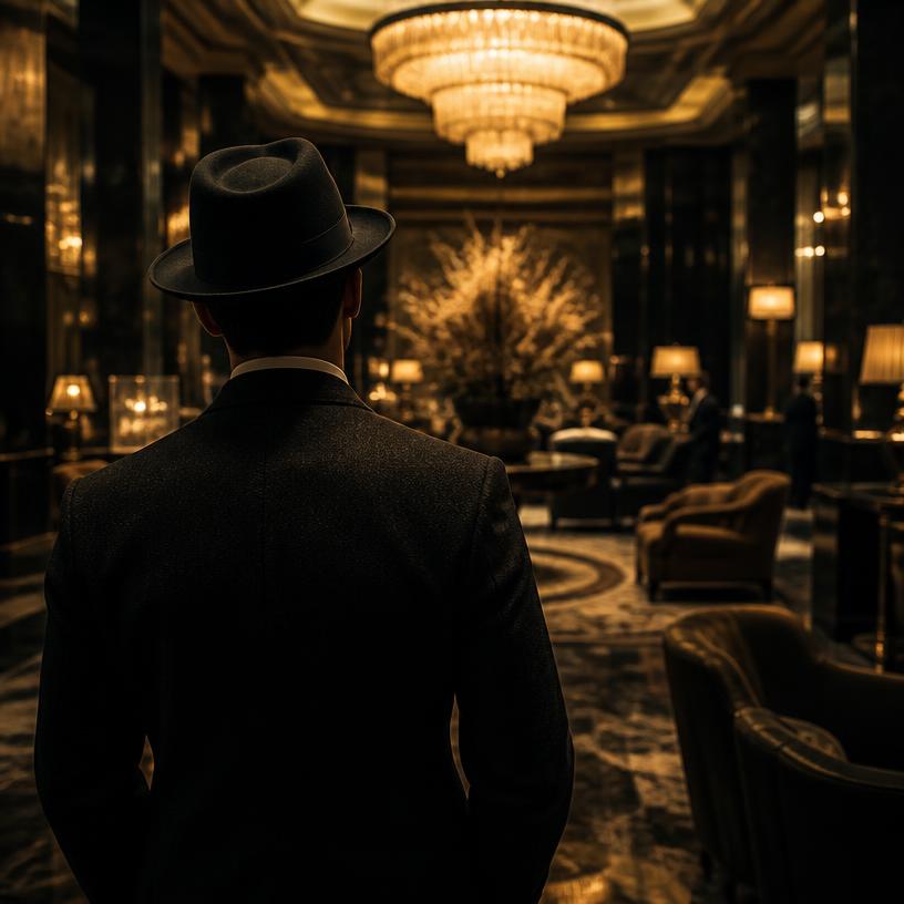 Man met hoed observeert een luxe hotellobby