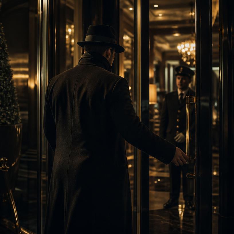 Man met hoed betreedt opnieuw de entree van een luxe hotel