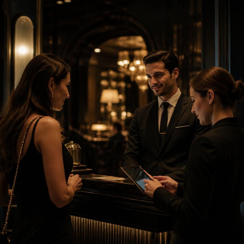Gast wordt geholpen aan de receptie van een luxe locatie